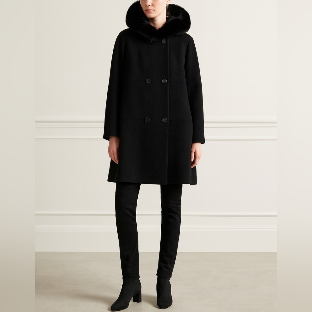 Loro Piana Fleurette Black Wool Double Breasted Coat Genuine Fox Fur Trim Sz 22 - Picture 3 of 17